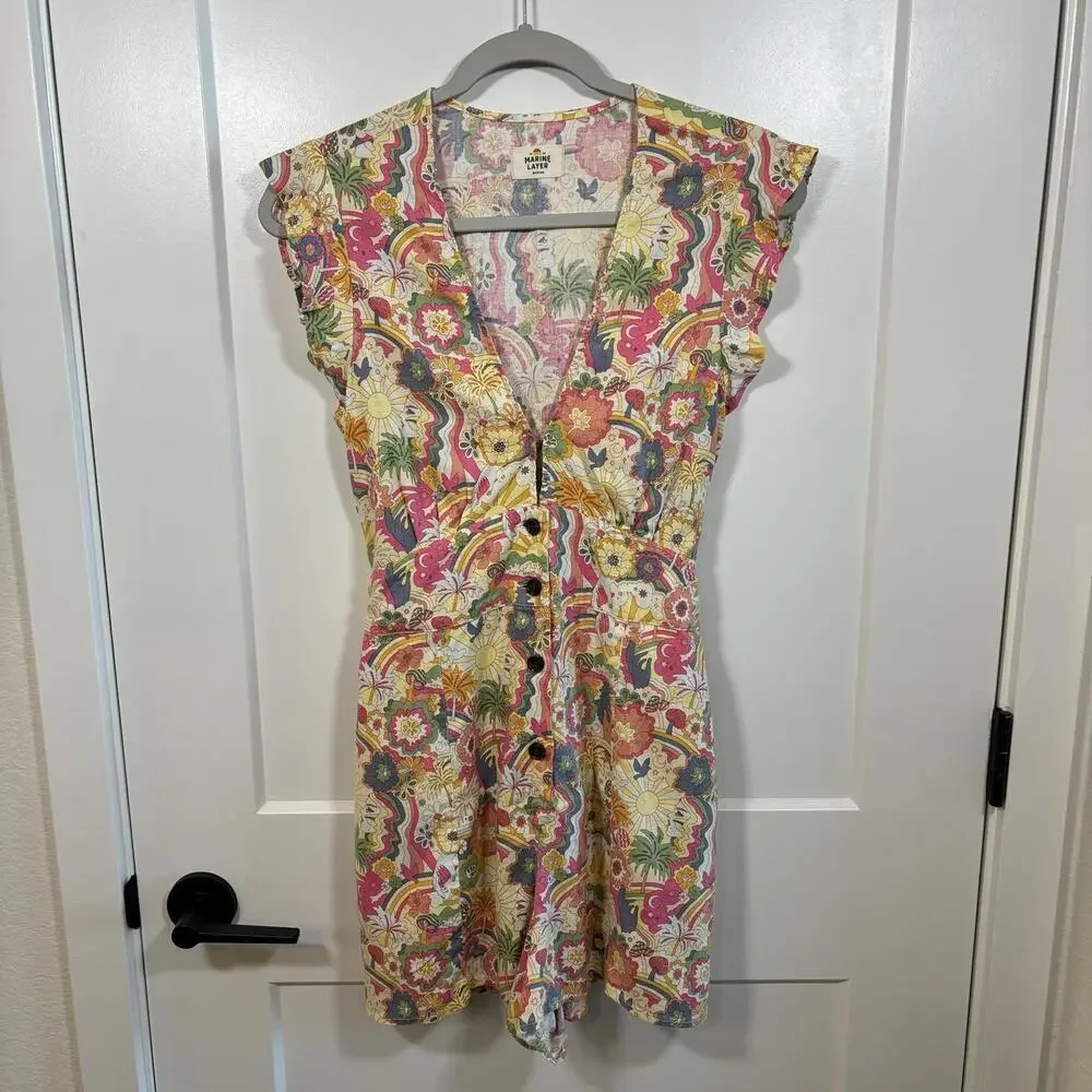 MARINE LAYER- CAMILLA ROMPER-Pastel Groovy Print-Hemp Blend Boho Fairy Sz Med - Picture 3 of 7